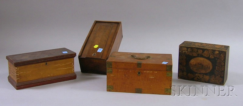 Appraisal: Four Small th Century Wooden Boxes a penwork decorated a