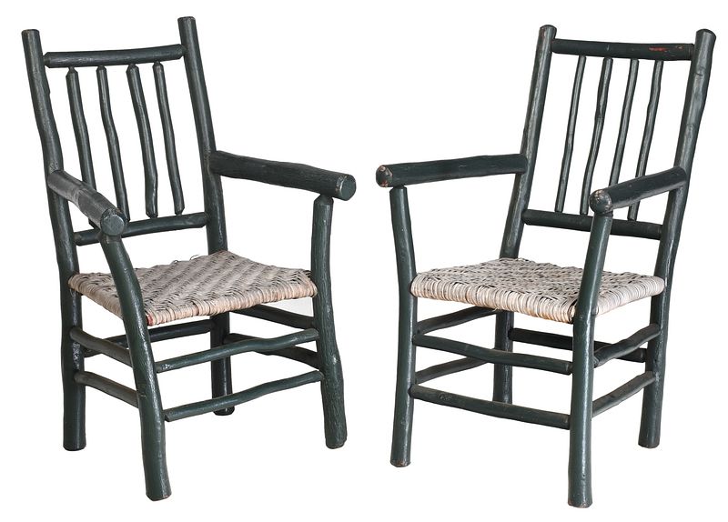 Appraisal: Pair Old Hickory Green Painted Arm chairs American th century