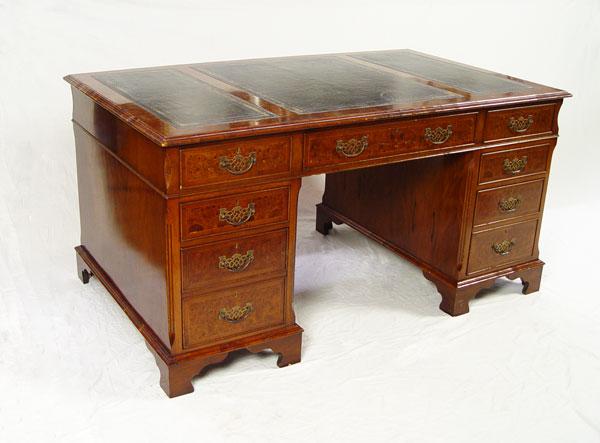 Appraisal: BURLWOOD LEATHER TOP DESK Drawers to one side and doors