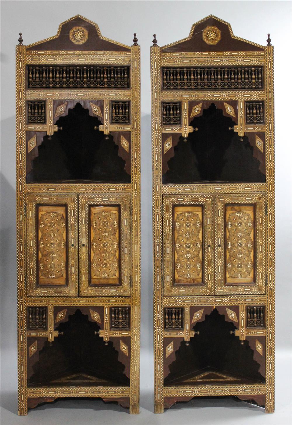 Appraisal: PAIR OF INLAID MOROCCAN SYRIAN CORNER CABINETS each with a