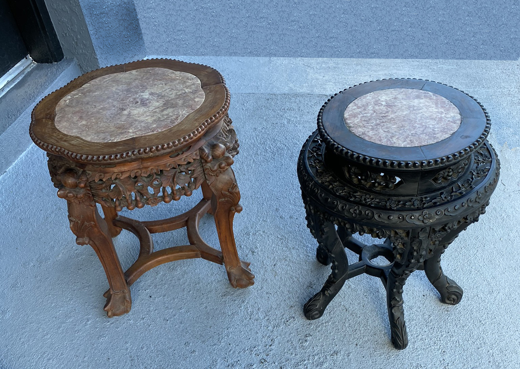 Appraisal: PC CARVED CHINESE MARBLE TOP PLANT STANDS Carved Chinese marble