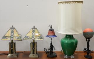 Appraisal: Five contemporary lamps including two figural lamps with art glass