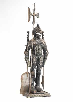 Appraisal: Knight in Armour Fireplace Tool Set Standing cast metal knight