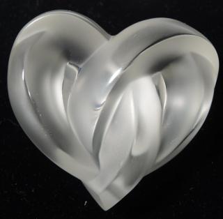 Appraisal: Lalique Double Heart Frosted Glass Paperweight One angled edge etched