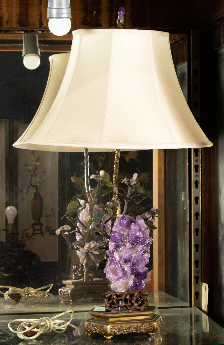 Appraisal: CHINESE AMETHYST AND HARDSTONE CARVING AS A TABLE LAMP Chinese