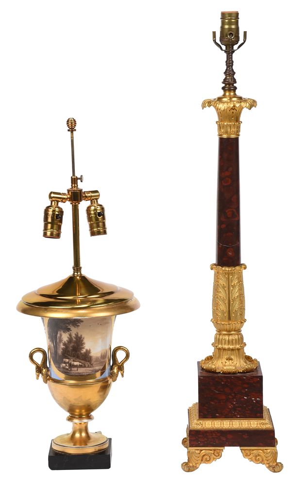 Appraisal: Two Continental Gilt Bronze Mounted Lamps th century porcelain example