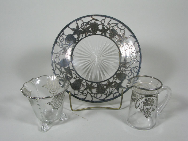 Appraisal: Three Pieces of Silver Overlay on Glass including a plate