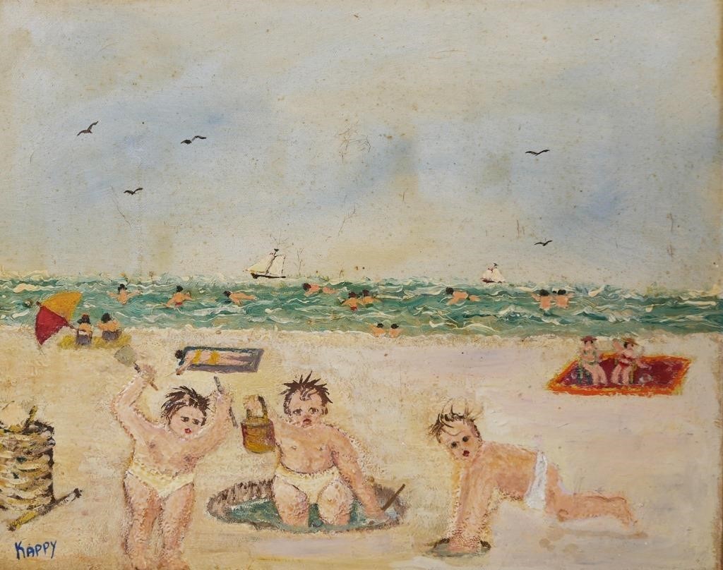 Appraisal: Folk art painting of bathers on Palm Beach in Florida