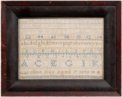 Appraisal: Rare Alabama sampler nine-line alphabet reversible sampler cross eyelet and