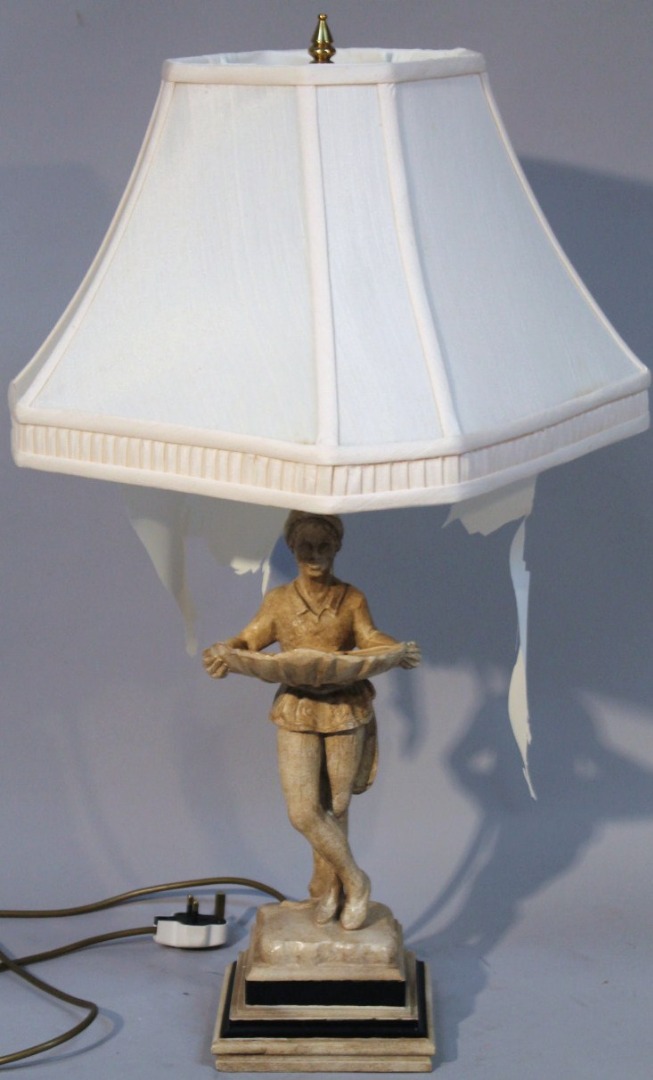 Appraisal: A resin table lamp with white material shade on brass