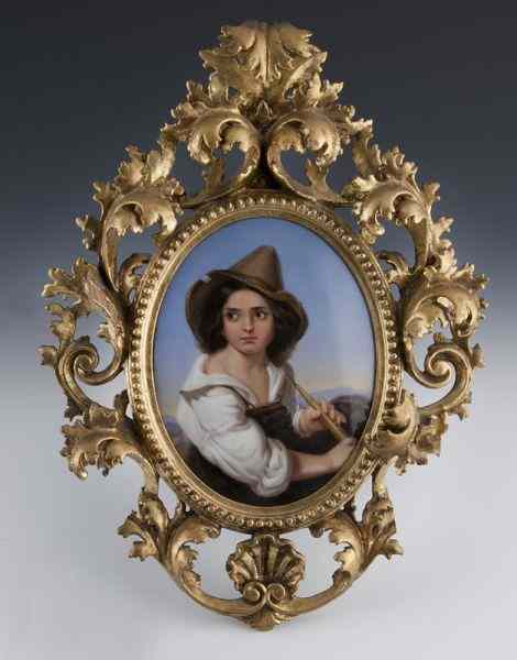 Appraisal: KPM Berlin painted porcelain plaque depictinga shepherd boy holding a