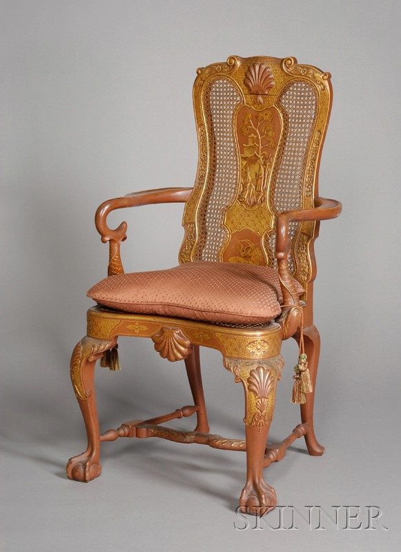 Appraisal: Georgian Style Gilt-decorated and Red Japanned and Caned Armchair th