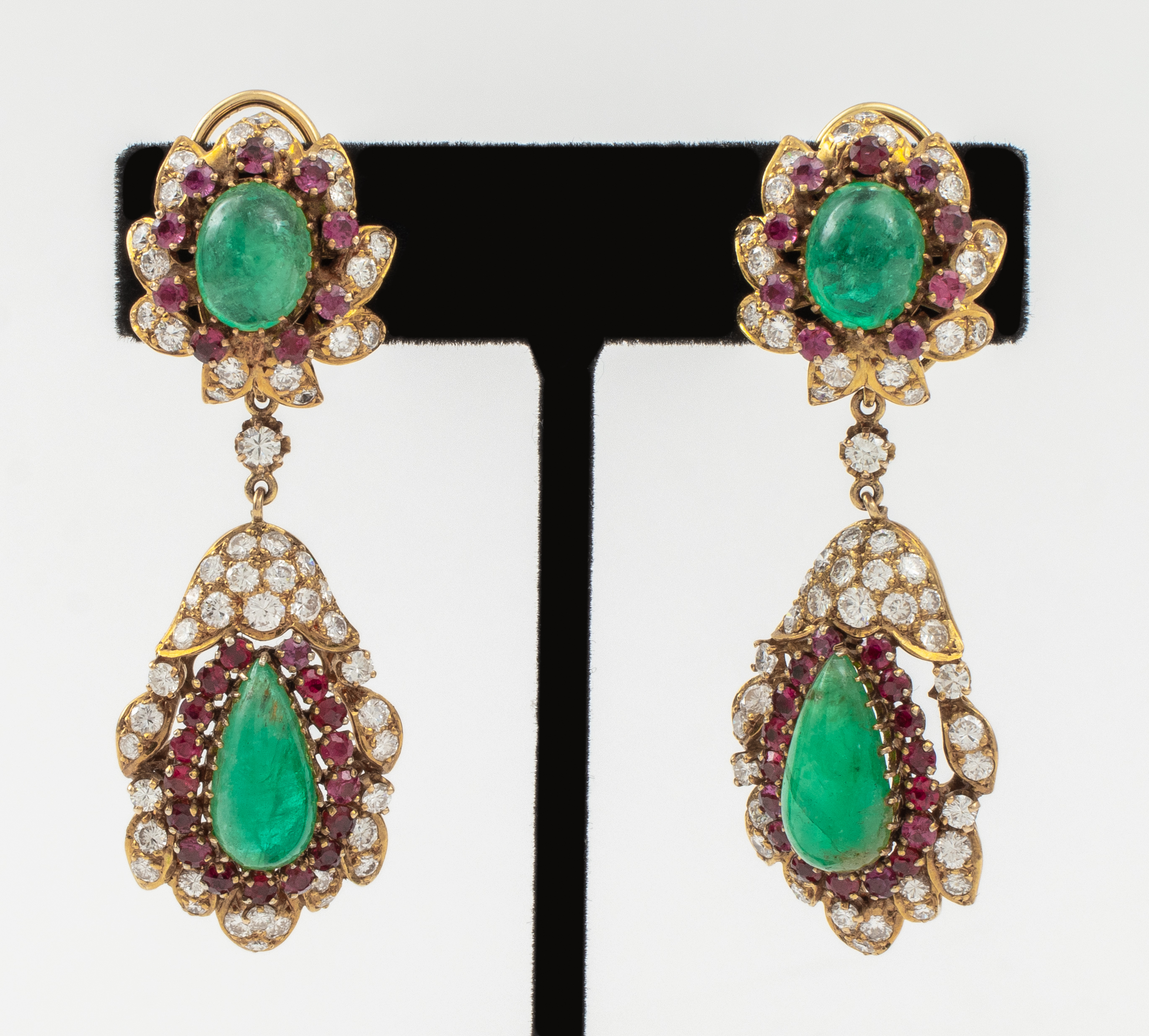 Appraisal: VINTAGE K GOLD DIAMOND EMERALD RUBY EAR CLIPS Vintage K