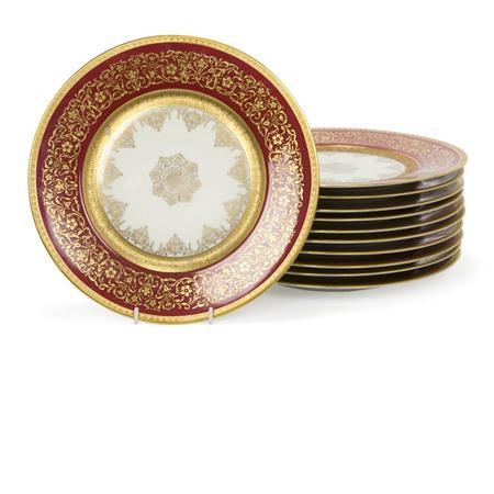 Appraisal: Set of Eleven Czechoslovakian Claret and Gilt Decorated Porcelain Service