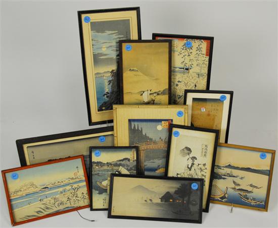 Appraisal: ELEVEN FRAMED JAPANESE WOODBLOCK PRINTS depicting various figural and landscape