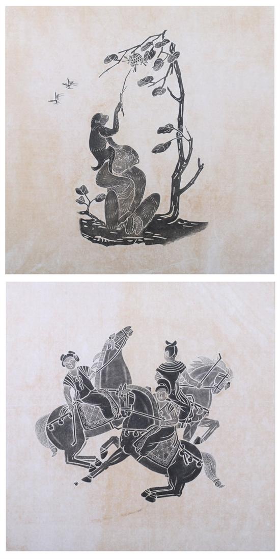 Appraisal: ANONYMOUS Chinese th century THREE FEMALE EQUESTRIANS TWO MONKEYS Two