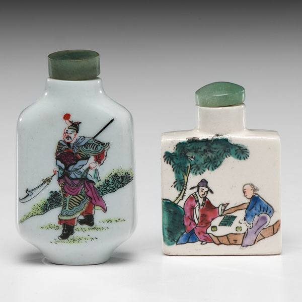 Appraisal: Chinese th century Two porcelain snuff bottles with jade stoppers