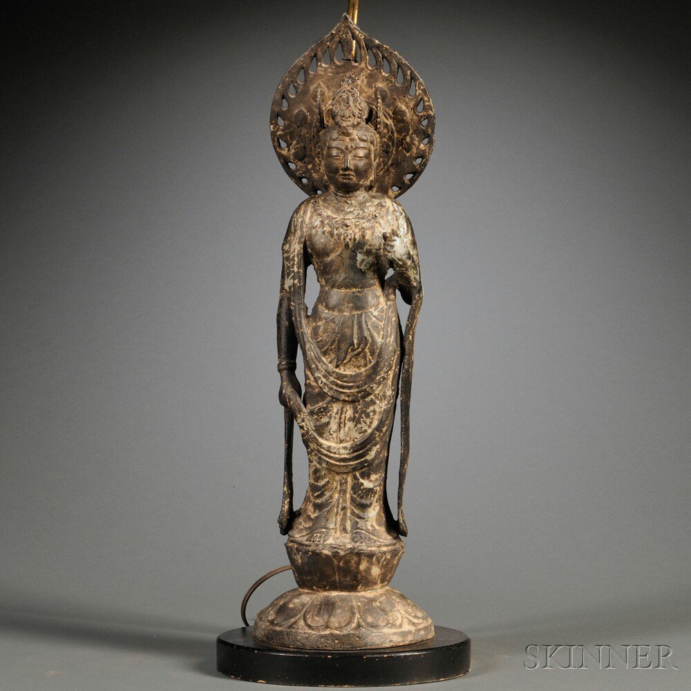 Appraisal: Bronze Guanyin Mounted as a Lamp China the bodhisattva depicted