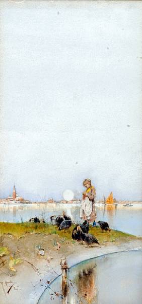 Appraisal: Raffaelo Maniella A Venetian girl feeding birds at the shore