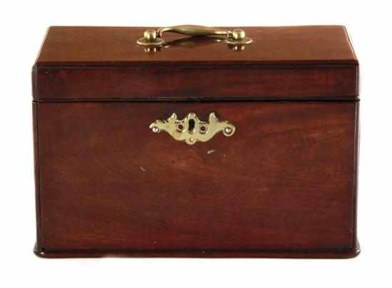 Appraisal: George III mahogany tea caddy circa hinged lid opening to