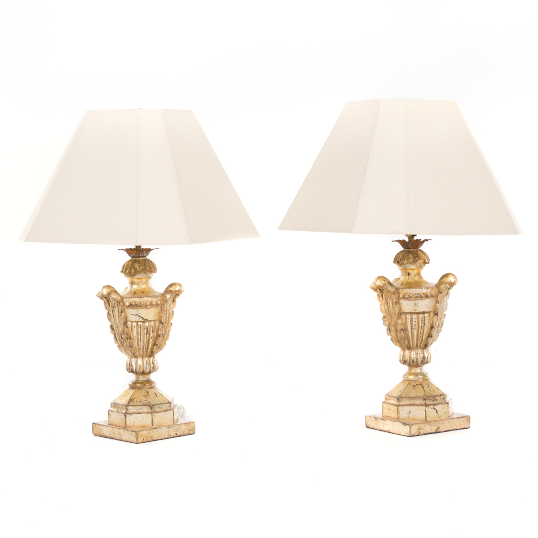 Appraisal: Pair Classical style giltwood urn lamps in H Condition Additional