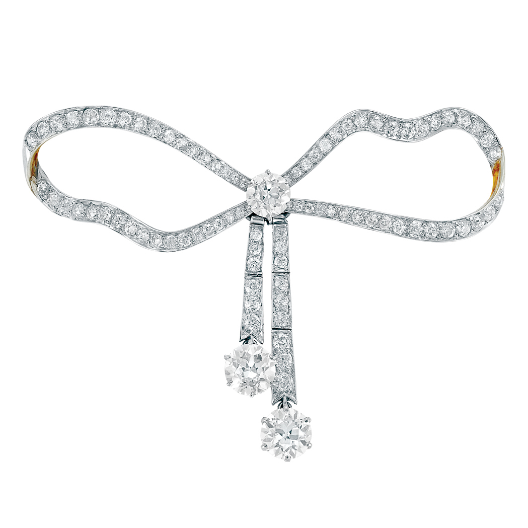 Appraisal: Belle Epoque Platinum Gold and Diamond Bow Brooch Platinum gold