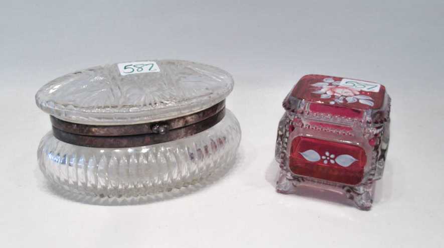 Appraisal: TWO GLASS AND CRYSTAL VANITY BOXES the first oval cut-crystal