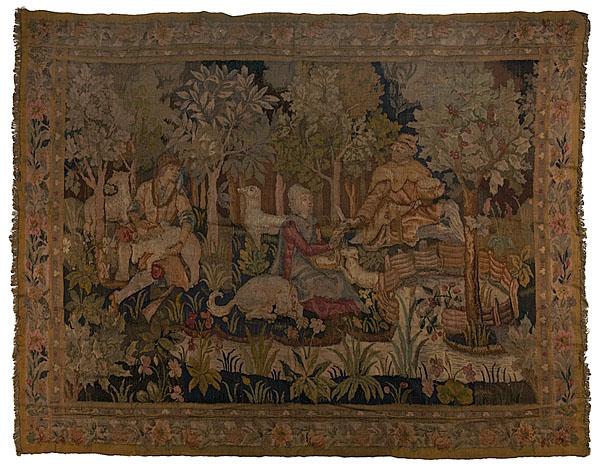 Appraisal: WOVEN TAPESTRY WITH SHEEP SHEARING SCENE English or Continental late