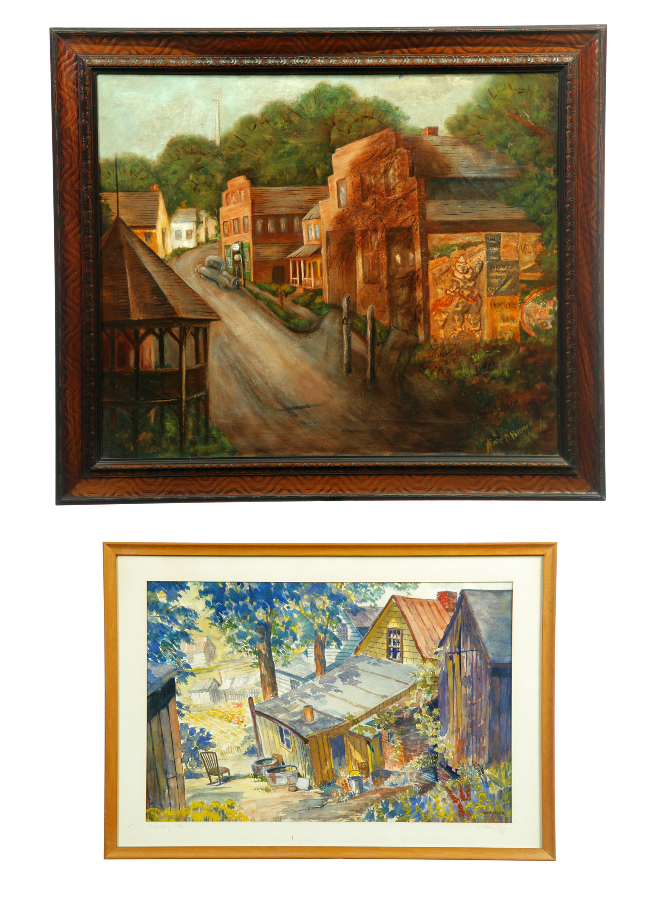 Appraisal: TWO FRAMED PAINTINGS American Mid th century Oil o n