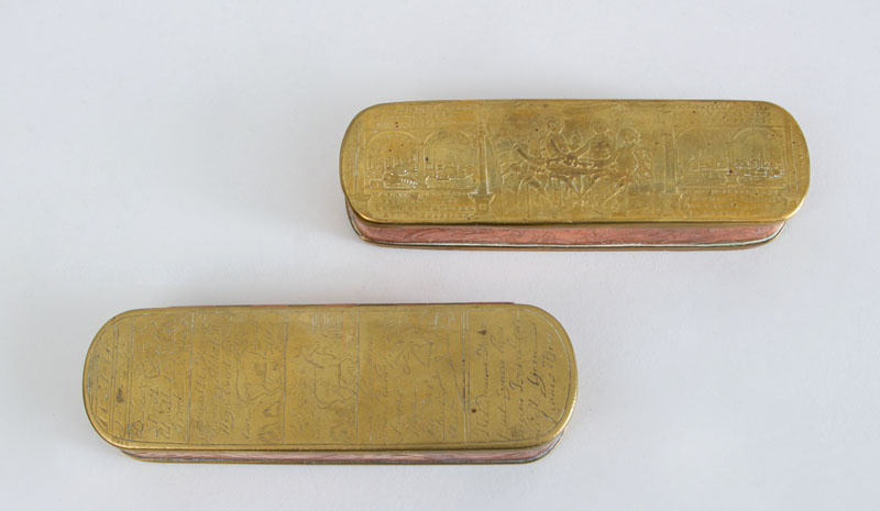 Appraisal: TWO DUTCH ENGRAVED BRASS AND COPPER TOBACCO BOXES The one