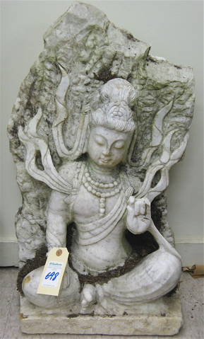 Appraisal: CHINESE FIGURAL WHITE MARBLE SCULPTURE Guanyin seated against a marble