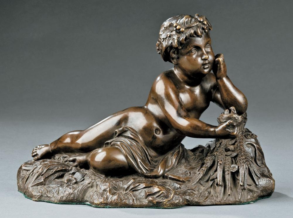 Appraisal: French Bronze Allegorical Figure of a Reclining Putto mid- th