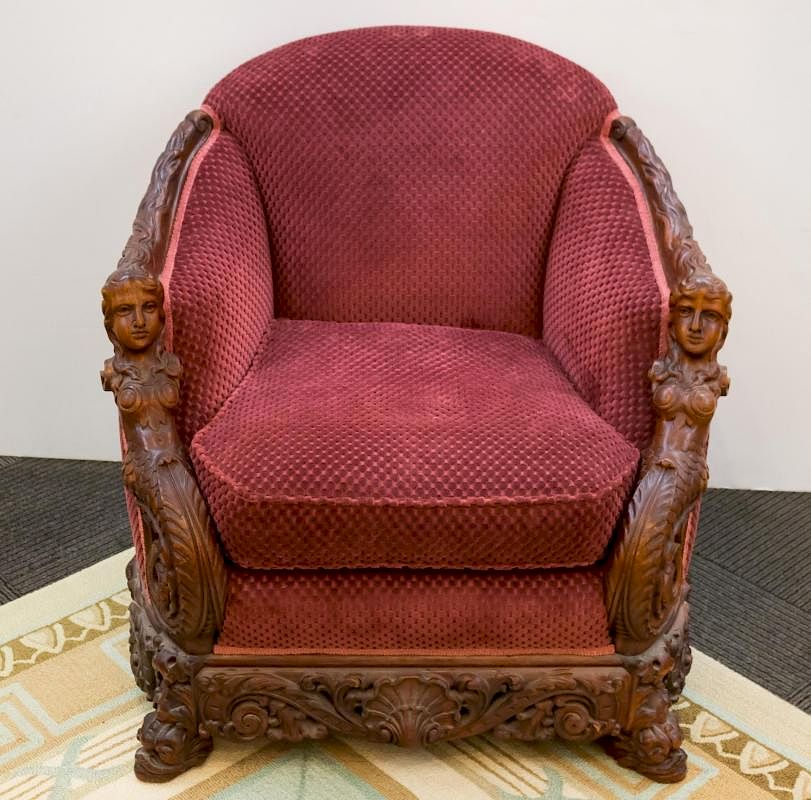 Appraisal: Victorian Revival Carved Wood Upholstered Chair Victorian Revival carved wood