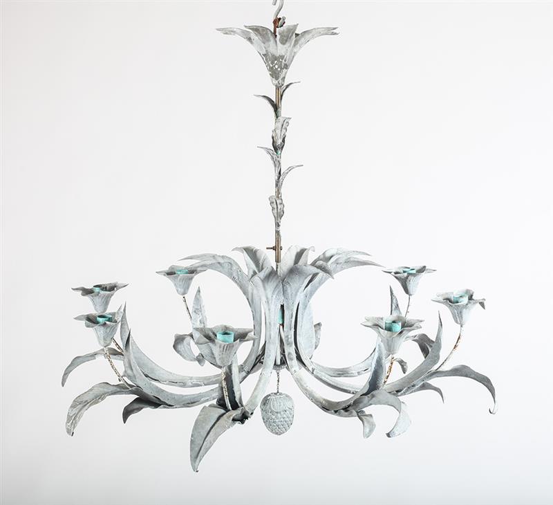 Appraisal: FRENCH GREY-GROUND T LE PEINTE EIGHT-LIGHT CHANDELIER Each leaf-applied C-scroll