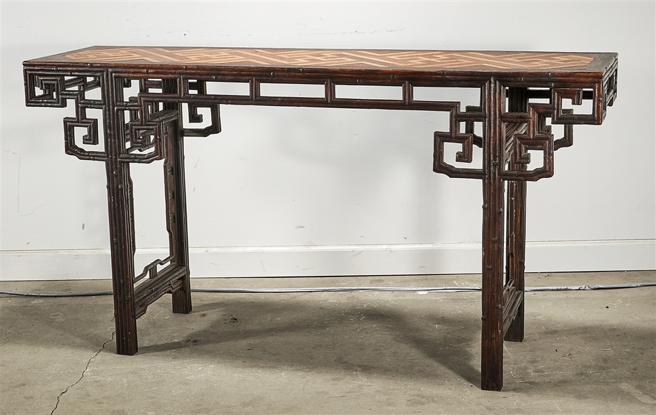 Appraisal: Chinese wood altar table with wood inset geometric patterned top