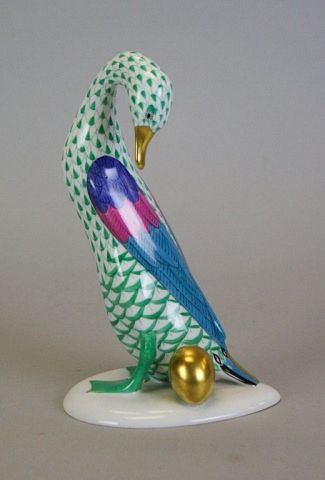 Appraisal: Herend Fishnet Green Goose With Golden Egg Hand painted porcelain