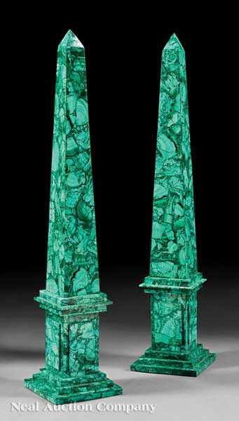 Appraisal: A Pair of Neoclassical-Style Malachite Obelisks square plinths height in