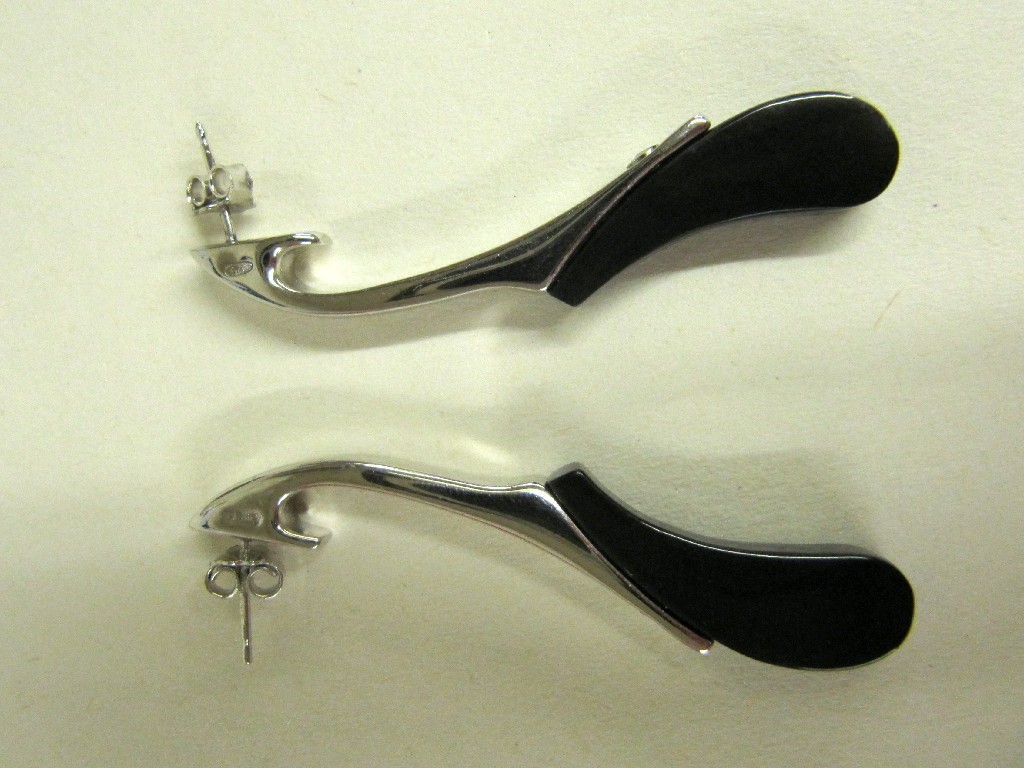 Appraisal: Pair of silver and onyx long drop earrings