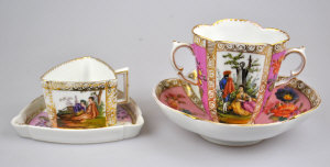 Appraisal: A Dresden triangular cup and saucer and a quatrefoil cup