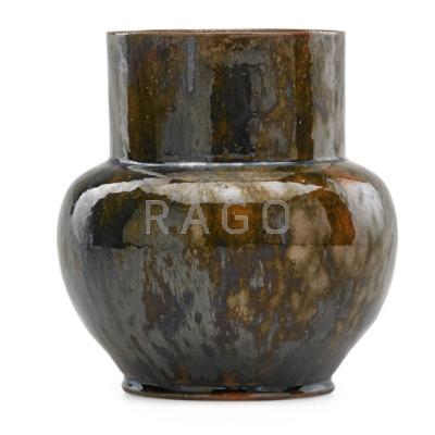 Appraisal: GEORGE OHR - Large bulbous vase ochre green and gunmetal