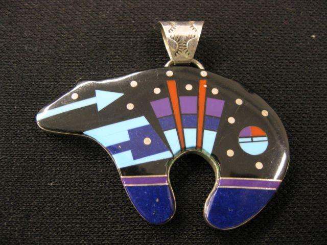 Appraisal: Indian Inlaid Sterling Silver Bear Pendant multi-semi-precious stones including turquoise