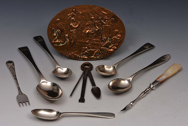 Appraisal: Oval French bronze classical plaqueand a few pieces of silver