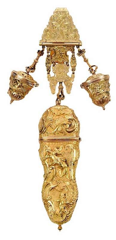 Appraisal: Gilt Chatelaine and Sewing Case Continental th th century gilt