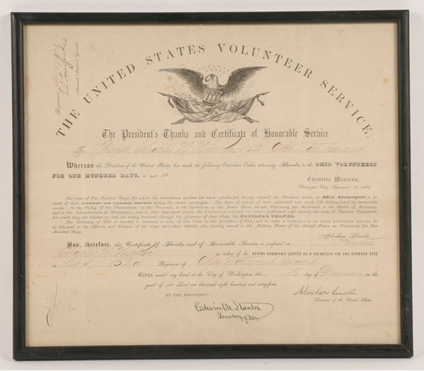 Appraisal: Civil War volunteer honorable discharge Ohio Nat'l Guard unit x