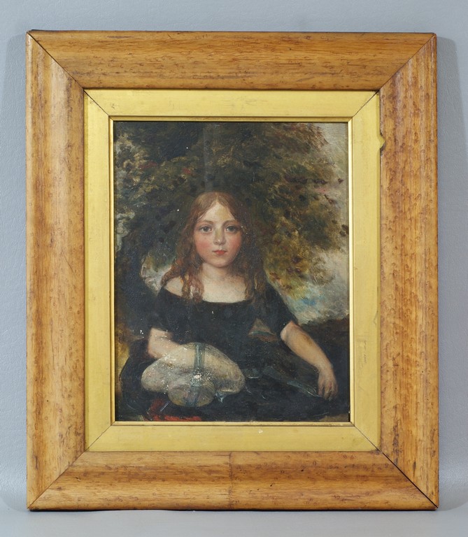 Appraisal: Unsigned oil on wood panel of young girl in birds