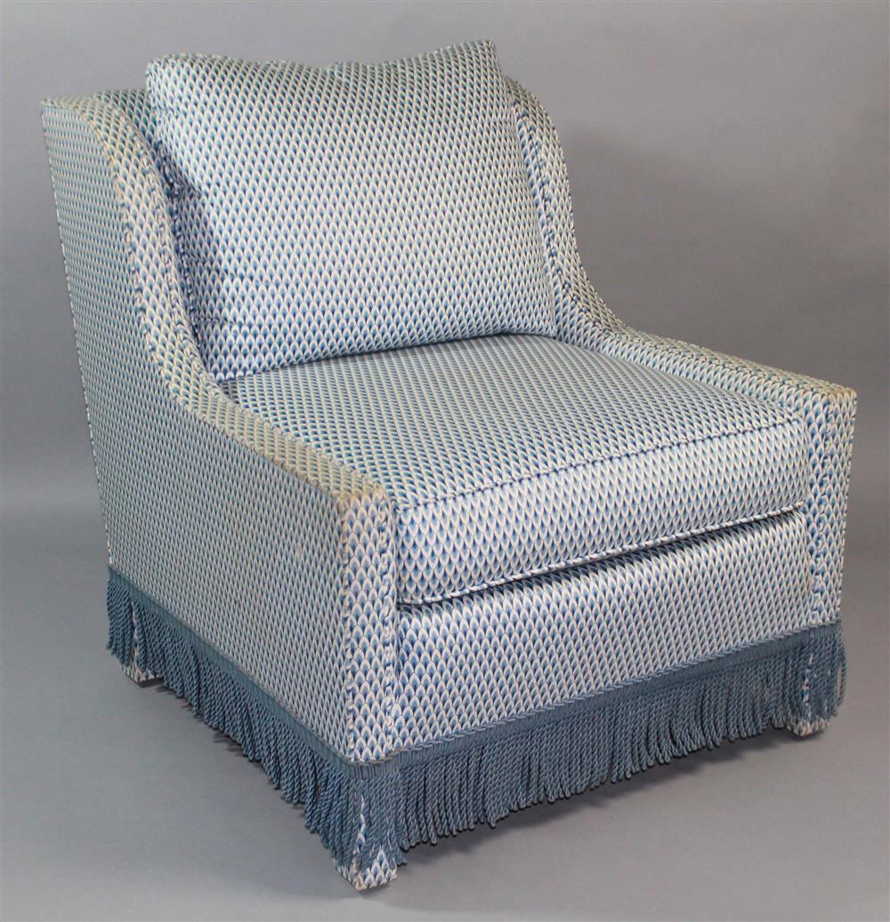 Appraisal: CONTEMPORARY CLUB CHAIR UPHOLSTERED IN BLUE AND IVORY FISH TAIL