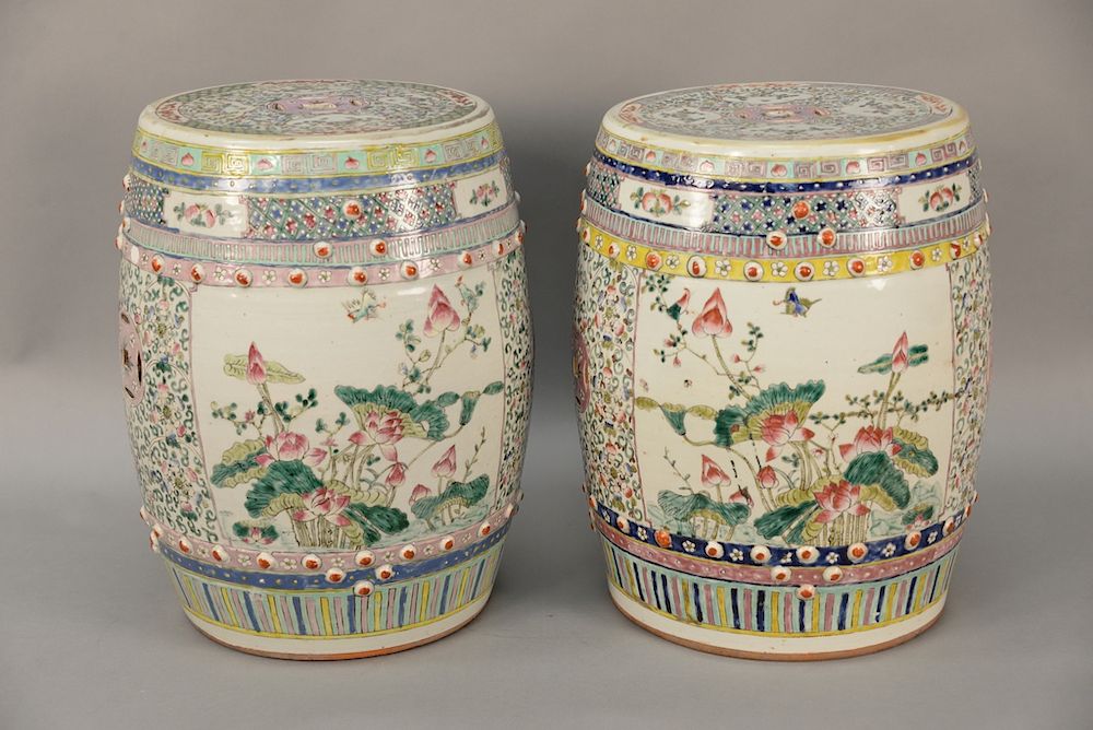 Appraisal: Pair of Famille Rose Chinese garden seats with enamel decoration