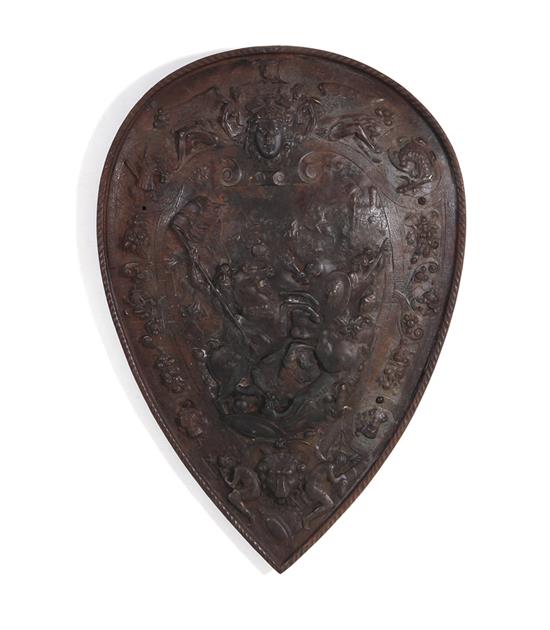 Appraisal: Renaissance style cast-metal shield th century depicting battle scene H