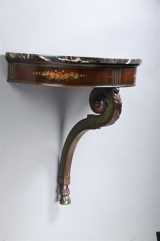 Appraisal: PAIR OF DECORATED CONSOLE TABLES European th century mahogany Wall-mounted