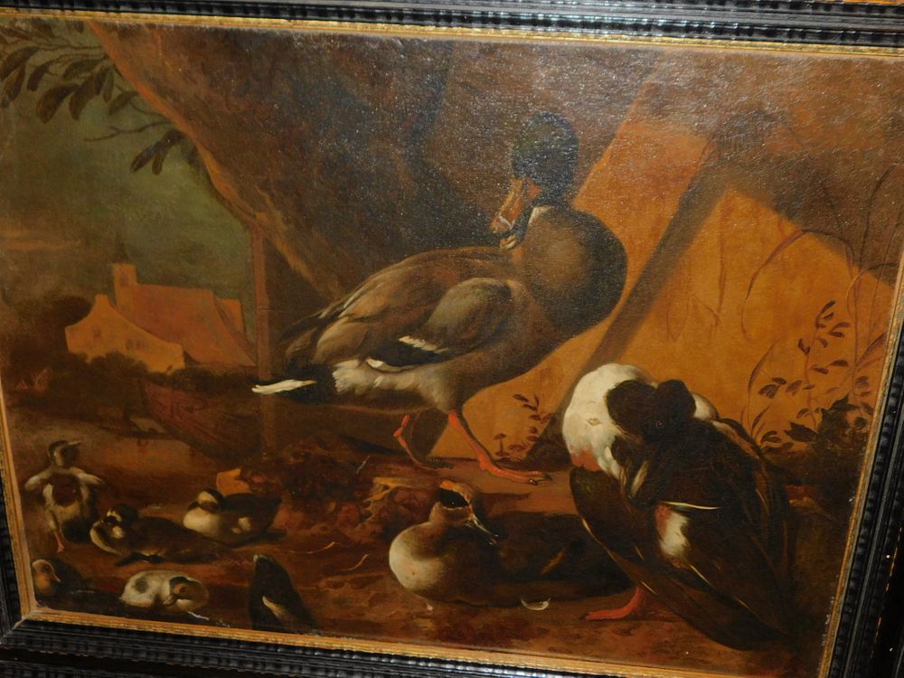 Appraisal: ANTIQUE PAINTING OF DUCKS IN BARNYARD th century oil painting